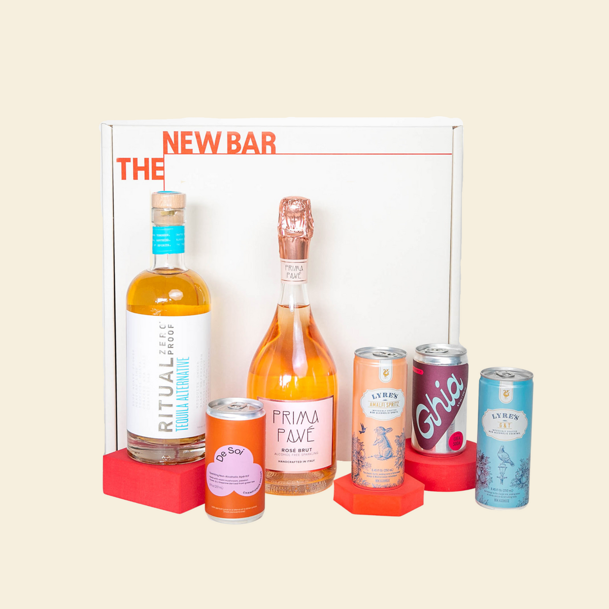 The New Mom Nonalcoholic Gift Set with Ritual Zero Proof Tequila, Prima PAve Sparkling Rose, Ghia, Lyre's, De Soi